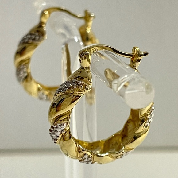 14K Yellow Gold Vermeil Genuine Diamond Accent Hoop Earrings Gift Box - Picture 1 of 5